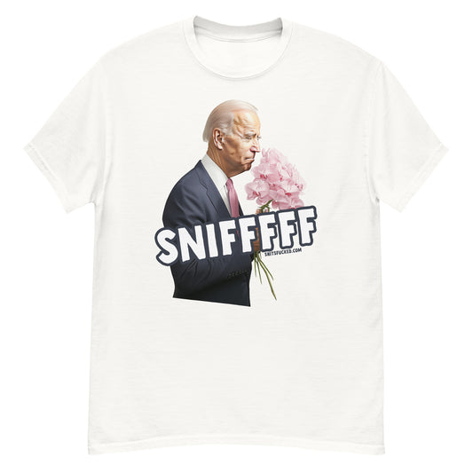A hilarious shirt of joe biden sniffing a flower that says sniffff
